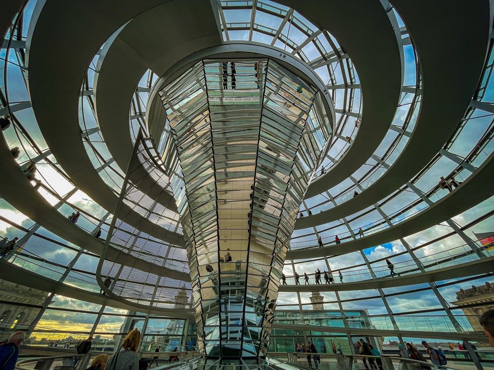 Inside the Reichstag Builiding Dome - It looksl ike a spiral with glass windows surrounding and mirrors all within the center column and a spiral walkway